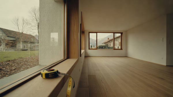 Leerer renovierter Wohnraum mit Eichenboden und Massband am Fenster