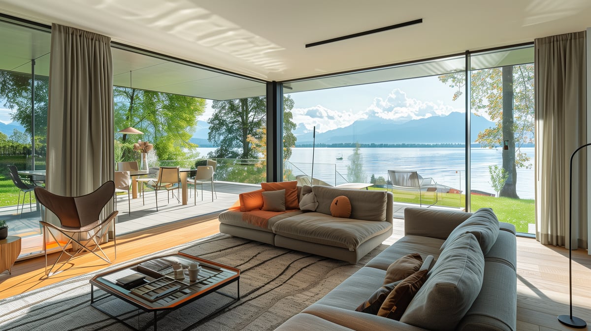 Luxurioeses Wohnzimmer mit Panorama-Seeblick in der Zentralschweiz