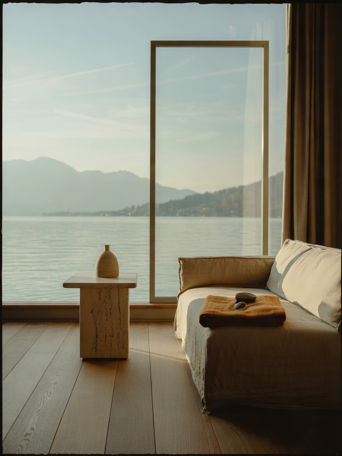 Ruhiger Wohnraum mit Eichenboden und Leinensofa, Blick durch raumhohes Fenster auf See und Berge