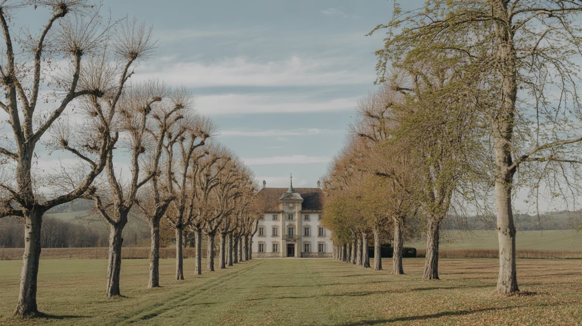 Manoir historique avec allée d'arbres sur le Plateau suisse