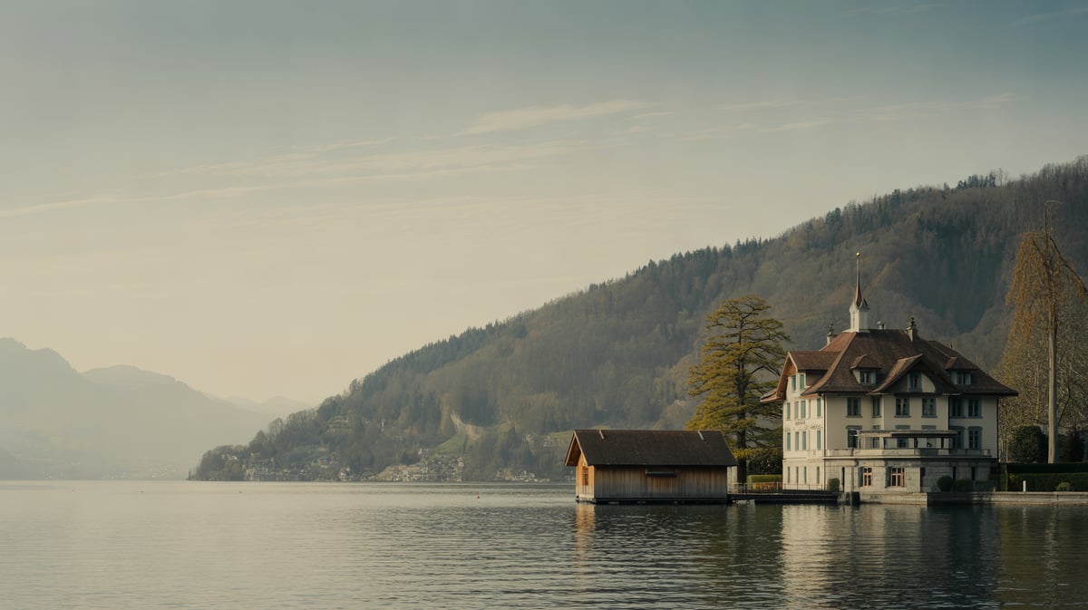 Fjord-like shores of Lake Lucerne with a historic villa